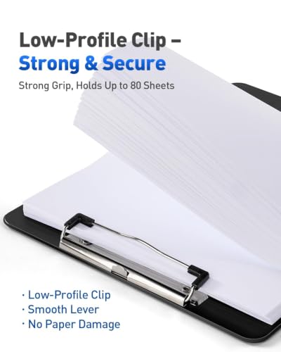 Dynta 10 Pack Plastic Clipboard 8.5x11 with Low-Profile Clip Black - Includes Hanging Loop