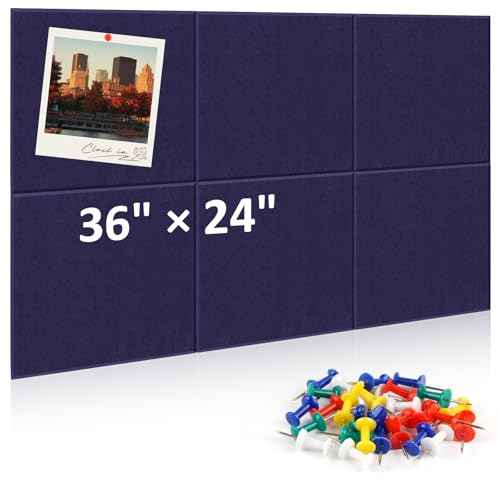 Bulletin Board, 36"¡¿24" Felt Wall Tiles, 6 Pack Cork Boards for Office, Large Black Corkboard for Office Home (with 30 Pcs Push Pins) (Blue)