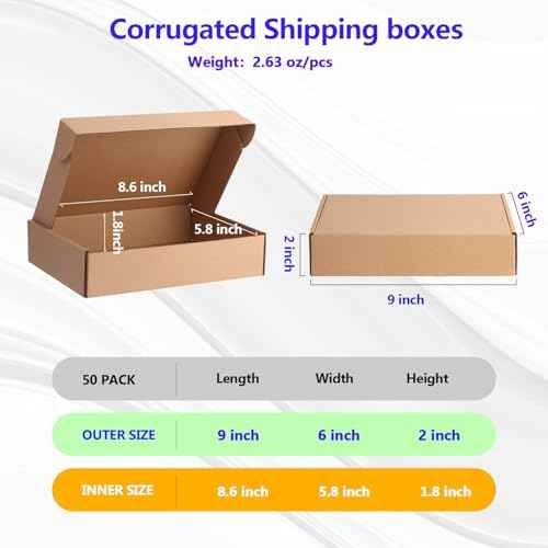 9x6x2 Inches Shipping Boxes 50 Pack, Brown Corrugated Cardboard Boxes for Small Business Mailing Mailer Box and Packaging Supplies Carton