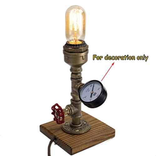 Steampunk Lamp with Dimmer, Dimmable Loft Style Industrial Vintage Antique Style Light with Bulb, Wood Base with Iron Piping Desk Lamp, Retro Desk Lamp LL-025