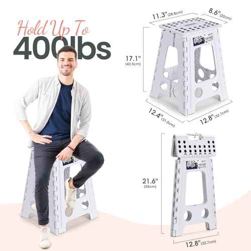 Delxo Folding Step Stool 17.5 Inch White Step Stools for Kids Foldable,Portable Collapsible Step Stool with Handle, Folding Stool for Kitchen Bathroom,Bedroom,Garden