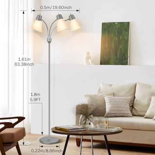 FOLKSMATE LED Floor Lamp, Medusa 3 Head Modern Adjustable Gooseneck Tall Standing Light for Living/Kids Room, Bedroom, Silver Grey
