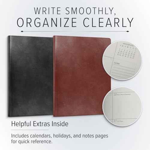 Gallery Leather Large Monthly Planner 2025-2026, Elegantly Bound Calendar Planner and Notebook with Stylish Gold-Gilded Page Edges, 18 Months - Acadia Black - 9.75x7.5"