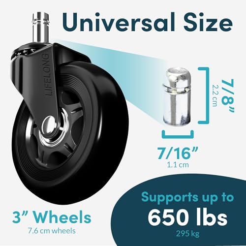 Lifelong Heavy-Duty Office Chair Wheels Replacement, 5-Pack, Black
