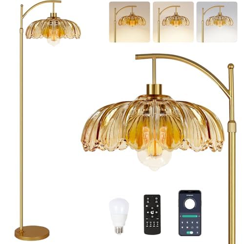 Glass Floor Lamp for Living Room,Bedroom,Mid Century Modern Standing Lamp with Remote,Dimmable Gold Tall Lamp Amber Vintage Retro Arc Flower Floor Light Boho Bohemian