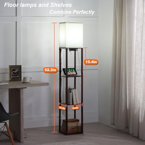 Floor Lamp with Shelves, Shelf Floor Lamps for Living Room with 2 USB Charging Ports and Power Outlet, 3CCT Modern Corner Square Display Standing Lamp 4-Tier Tall Bookshelf Lamp for Bedroom