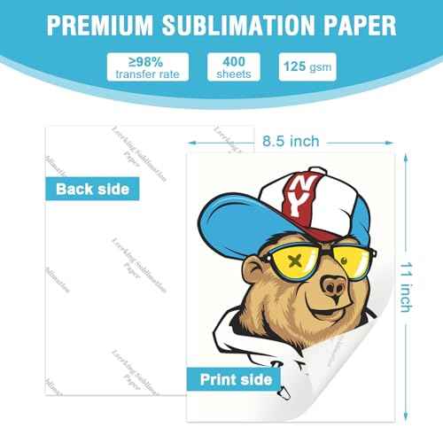 Lzerking Sublimation Paper 8.5x11 Inch 125gsm 400 Sheets, Heat Transfer Paper for Inkjet Printers - Ideal for Various Coatings, DIY Projects, T-Shirts, Phone Cases, Mugs