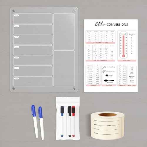 Meal Prep Bundle. Includes 1 Magnetic Acrylic Meal Planner Board, 1 Kitchen Conversion Chart Magnet, and 100 Freezer Labels for Food Storage & Organization