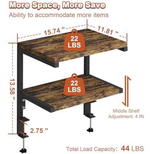 Clamp on Desk Organizer Shelf, Heavy-Duty Desk Extender Side Table with 2-Tier Adjustable Storage Shelves for Desktop Accessories, Gaming Devices, Black