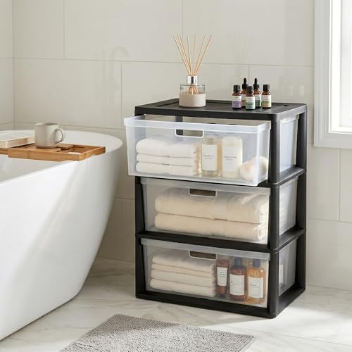 Black Wide 3-Drawer Storage Tower with Removable Clear Bins, Tool-Free Assembly