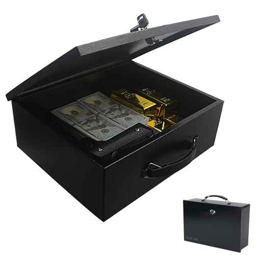 Yuanshikj Fireproof Lock Safe Box for Documents, Key Lock Steel Security with Carrying Handle, for Personal Items, Cash,Jewelry, Money, 0.38 CU, 13.2" W x 11" D x 4.5" H, Black
