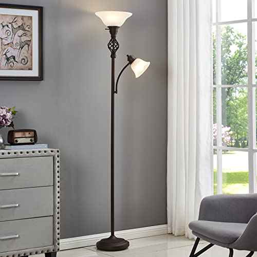 Torchiere Floor Lamp for Living Room, LED Standing Reading Light for Bedroom with Glass Shade for Living Room Corner Bedroom Home Office,Bulbs Included (Red Brown,Glass 2 Head)