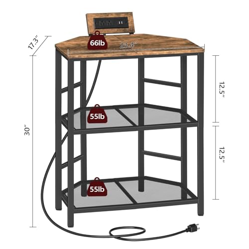 Corner Printer Stand with Charging Station, 3-Tier Large Printer Table with Adjustable Feet, Metal Frame Storage Shelf for Office, Living Room, Small Space, Rustic Brown PTHR14E01