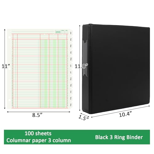Suituts Refillable 3-Column Ledger Pad with 3-Ring Binder, Monthly Tabs, 100 Sheets