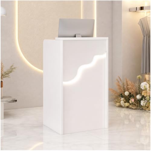 Wood Reception Desk with Drawer & LED Light, 23.6" Front Desk — White (23.6x15.7x37.8in)