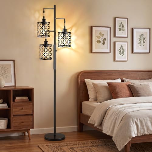 GHOOCEMLUX 68-Inch Black Dimmable Farmhouse Floor Lamp with Quatrefoil Shades, 3 LED Bulbs Included