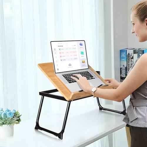 wishacc Book Stand for Reading in Bed, Bamboo Laptop Stand Adjustable Book Holder Tray with Page Paper Clips Multi Angles Adjustable Cooking Bookstands for Textbook Recipe Magazine Tablet Portable