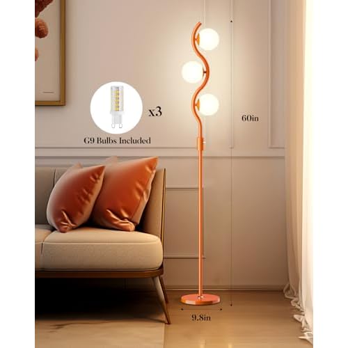 Lightdot 3-Globe Dimmable Floor Lamp Orange Mid Century Modern Standing Lamp with 3PCS 3000K G9 Bulbs Stepless Brightness Adjustable Stable Base for Living Room, Bedroom, Office