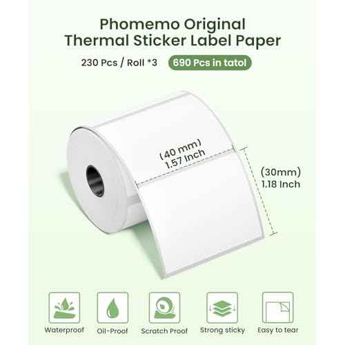 6-Pack Phomemo M110 Original Labels 1.57"x1.18"(40x30mm)Square Self-Adhesive Compatible with Phomemo M110/M120/M200/M220/M221 Label Printer for Barcode, Folder Name, Address, PriceTag, Homemade Label