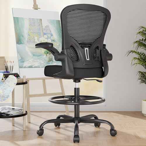 Ergonomic Drafting Chair, Tall Office Chair with Flip-up Armrests, Breathable Mesh High Desk Chair with Lumbar Support Adjustable Footrest Ring for Standing Desk Black