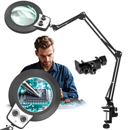 HITTI 12X Extra Long Magnifying Glass with Light, Upgrade Infinite Color and Brightness LED Desk Lamp with Clamp, Hands Free 3 Section Magnifier Light and Stand for Workbench Crafts Reading Painting