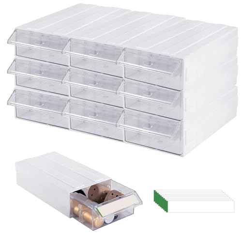 9 Pcs Drawer Stacking Storage Cabinet with 18 Pcs Clear Dividers Organizer Rack & 9 Pcs Tag Card, Plastic Stacking Storage-in-Drawer Cabinet for Home Office Small Items