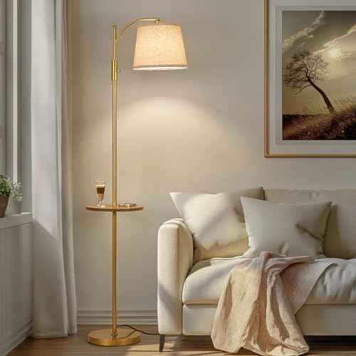 AIDENOEY Fully Dimmable Floor Lamp for Living Room£¬Standing Lamp Rotary Switch with Table&Linen Beige Shade£¬Golden Tall Lamps for Bedroom with Adjust Head£¬9W LED Bulb Included