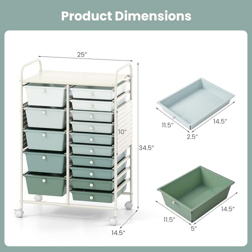 Giantex Green Gradient 15-Drawer Rolling Storage Cart with Metal Tabletop & Pegboard