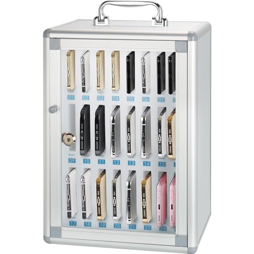 Glosen 24 Slots Cell Phone Locker, Portable Phone Storage Cabinet [Wall Mounted] [Aluminum Alloy] Cellphone Lock Box with Key & Handle for School Classroom Office Exam (Silver)
