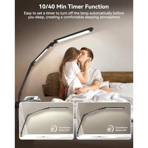 LED Desk Lamp with Clamp, Architect Desk Lamp with Remote, Flexible Swing Arm Desk Light with Dual LED Light, Stepless Dimming, 5 Color Mode & 4 Brightness for Sewing Painting Drafting Crafting