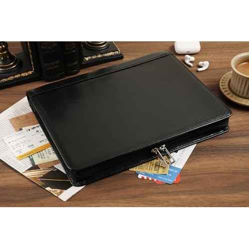 Vegan Leather Portfolio, Zippered Portfolio Binder Personalized Business Padfolio with Tablet Holder for A4 Letter Size Notepad & 13 Inch Laptop/Tablet - Black