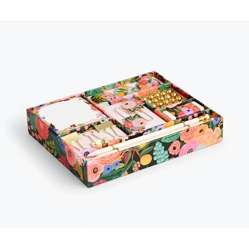 RIFLE PAPER CO. Garden Party Tackle Box, Home Desk and Office Supply Kit, Stay Organized with Pencils, Push Pins, Binder Clips, Paper Clips, Magnets, and More