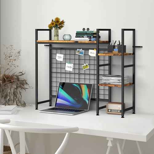 YBING Desk Shelf for Top of Desk Hutch - 4 Tier Computer Bookcase, Brown Wood Desktop Display Storage Rack Organizer for Home Office, Dorm
