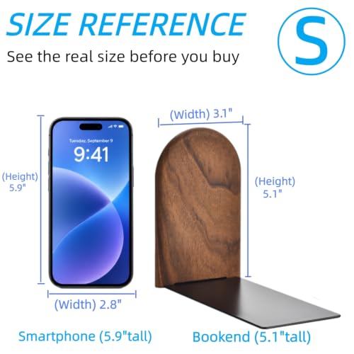 Lauvee Small Brown Black Walnut Book Ends - Heavy Duty & Non-Slip Wooden Shelf Organizer