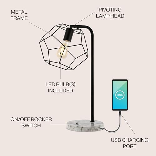 JONATHAN Y JYL1132A Penta 23.5" Industrial Farmhouse Head-Adjustable Iron LED Task Lamp with USB Charging Port Contemporary, Modern Bedside Desk Nightstand Lamp, Black