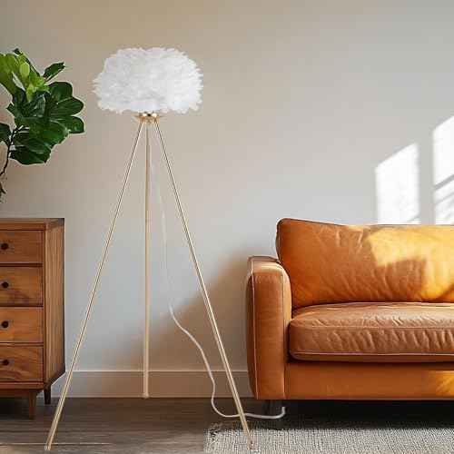 Modern Gold Feather Floor Lamp,Tripod Floor Lamp with White Feather Shade,Elegant Standing Tall Lamp for Bedroom Living Room Home Decor