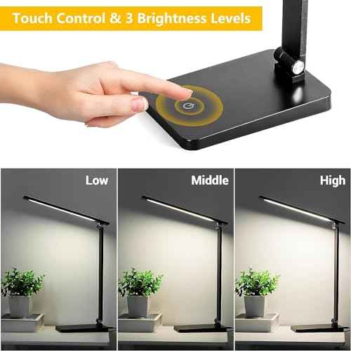 LED Desk Lamp for Home Office, 3 Levels Dimmable Desk Light with USB Charging Port, Small Study Lamp, Reading Light for Table, Black, 5000K