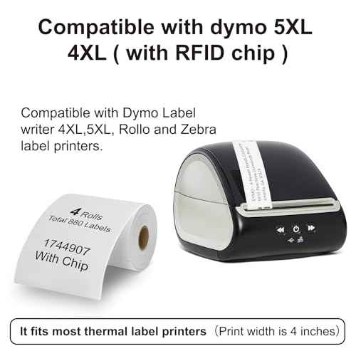 Hehua 4-Roll 1744907 with RFID Chip 4 x 6 Direct Thermal Printer Shipping Labels Compatible with DYMO LabelWriter 5XL 4XL LW Extra-Large Internet Postage Labels, 4" x 6", Total 880