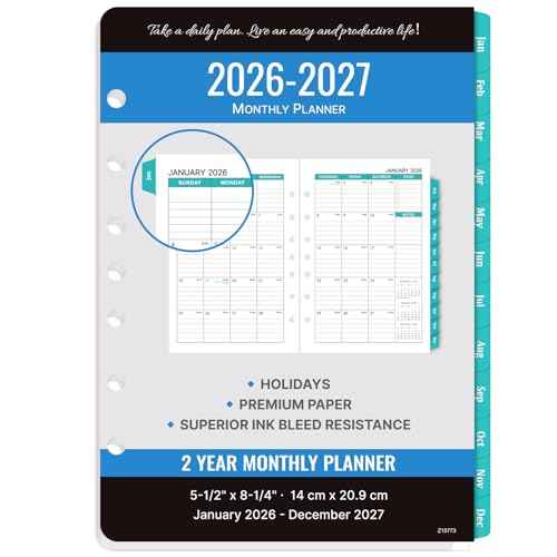 2026-2027 Monthly Planner Refill - Planner Inserts with 7-Hole Punched, 5-1/2" x 8-1/2", Runs from January 2026 to December 2027, Two Pages Per Month, Monthly Calendar with Tabs