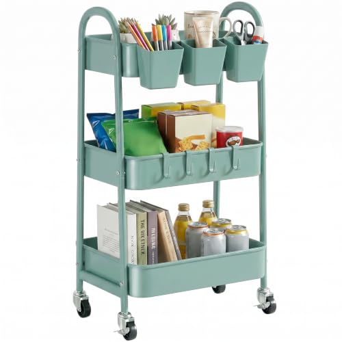 danpinera Green 3-Tier Metal Rolling Storage Cart with Wheels