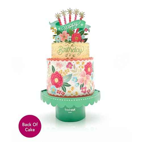 Freshcut Paper Pop Up Birthday Card for Women, Blooming Birthday Cake, 12 Inch Life Sized Tiered Cake, 3D Popup Greeting Cards with Blank Notecard & Envelope