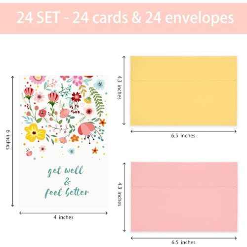 24 Pack Floral Get Well Cards with Self-adhesive Envelopes, 4"x6" Boxed Prefilled Greeting Note Cards to Friends, Relatives or Loved One, 24 Unique Designs