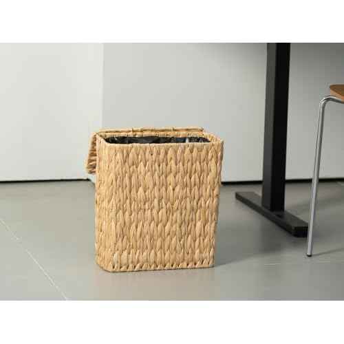 3 Gallon Wicker Trash Can,Small Bathroom Trash Can with Lid,Natural Water Hyacinth Wicker Waste Basket for Bedroom,Toilet,Narrow Garbage Can with Removable Liner
