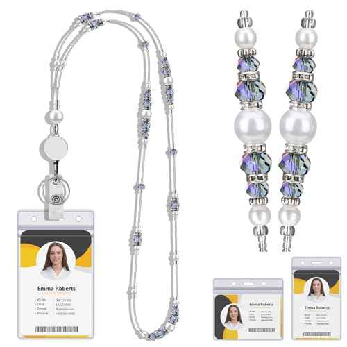 Lanyards for ID Badges and Keys, Retractable Badge Lanyard for Women, Beaded Teacher Lanyard with Badge Reel and ID Holder, Graceful Pearls and Crystals
