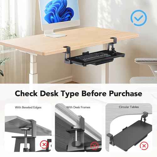 HUANUO Large Under Desk Keyboard Tray with Sturdy C-Clamp Mount, 26 (30.16" Including Clamps) x 12 inch Slide-Out Platform Computer Desk Heavy Duty Keyboard Tray with Storage Drawer for Typing, Black