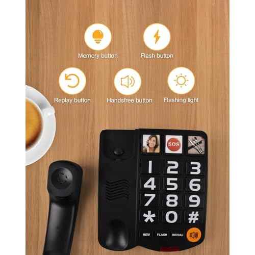Big Button Phone for Seniors, Landline Telephone for Home with Picture, Durable Hand-Free Phone with LED Call Alert, Adjustable Volume and 3 One-Touch Dialing for Elderly, Black