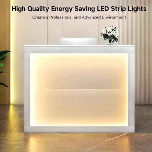 TC-HOMENY Reception Desk with LED Lights, 55'' Retail Counter Modern with Storage Shelves and Cable Grommet, Front Table, Salon Desk, Office Table,White