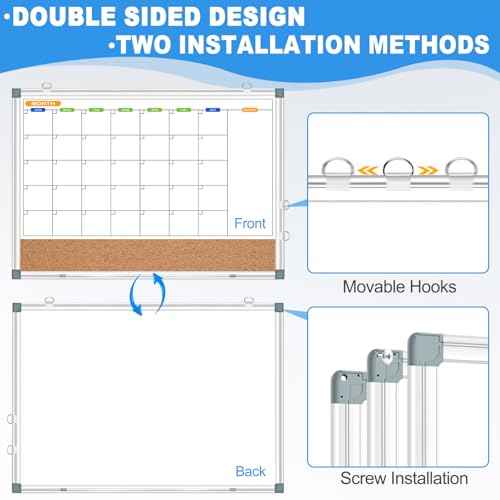 Calendar Whiteboard Corkboard Combination for Wall, Double-Sided 24" x 18" Monthly Whiteboard Calendar and Dry Erase Board for Office, Kitchen, Planning, Memo, School, Home