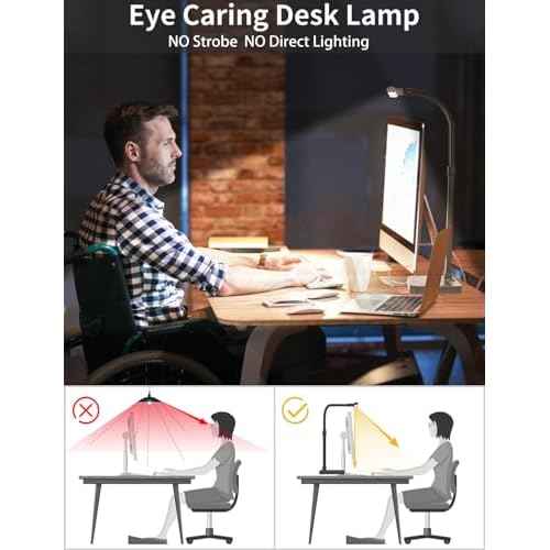 LED Desk Lamp for Home Office, Double Head 24W with Base, Architect Light 5 Lighting Brightness Flexible Gooseneck Table Reading Study, Black