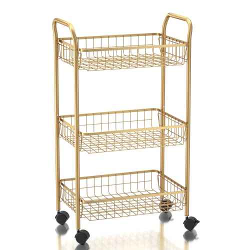 3 Tier Rolling Utility Cart, Storage Trolley Service Cart with Wheels Easy Assembly for Kitchen, Living Room, Office, Salon, Gold